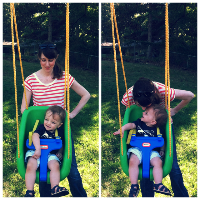 pushing toddler in backyard swing