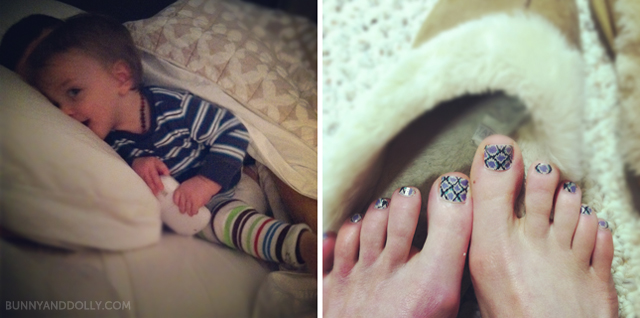 toddler in bed and snake pedicure