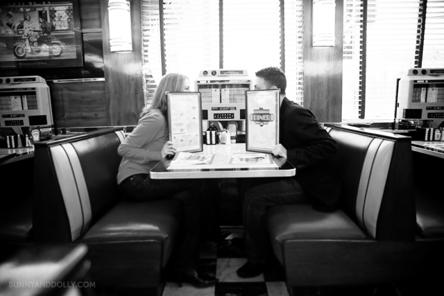 engagement photo at diner