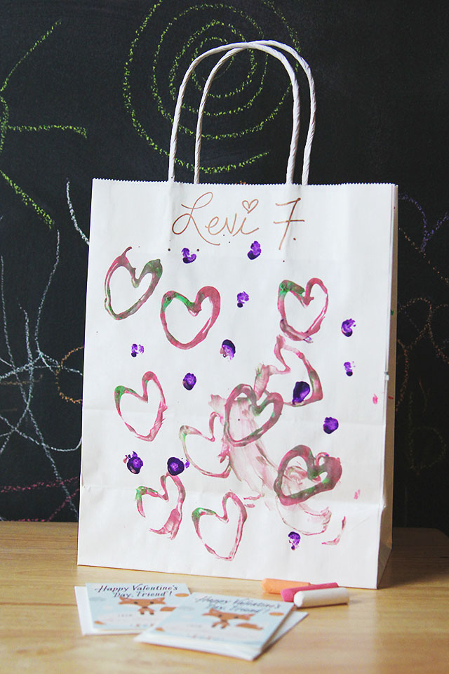 DIY heart stamp on valentine's day bag