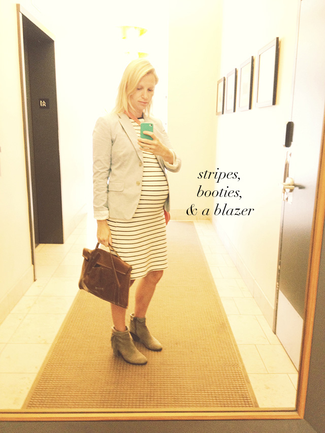 maternity fashion - stripes, booties and blazers