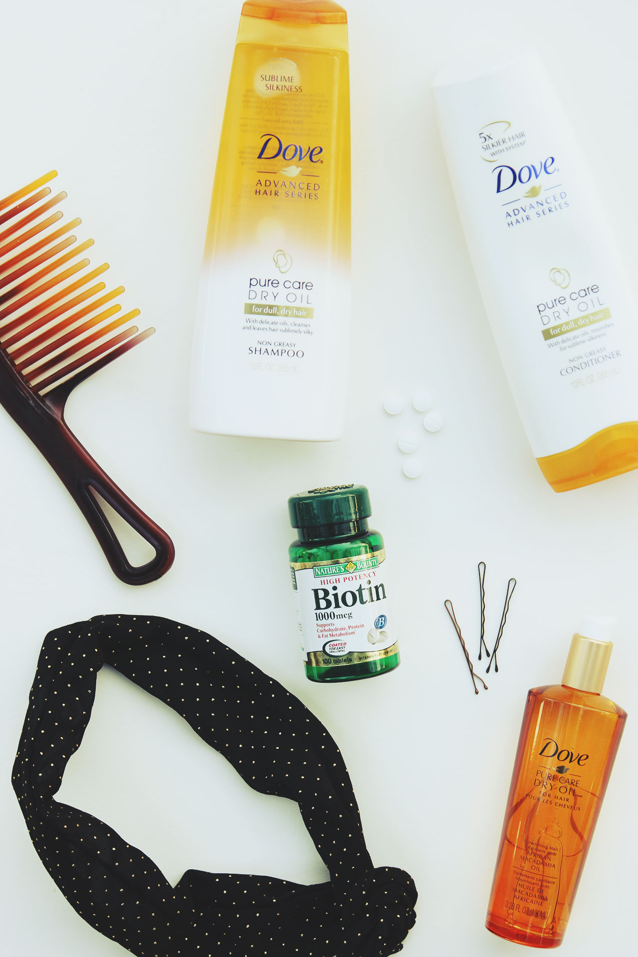 Dove Pure Care Dry Oil hair products and Biotin for healthy postpartum hair | A Girl Named PJ