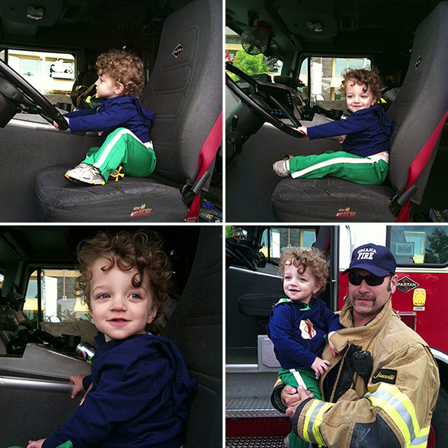 toddler in fire truck