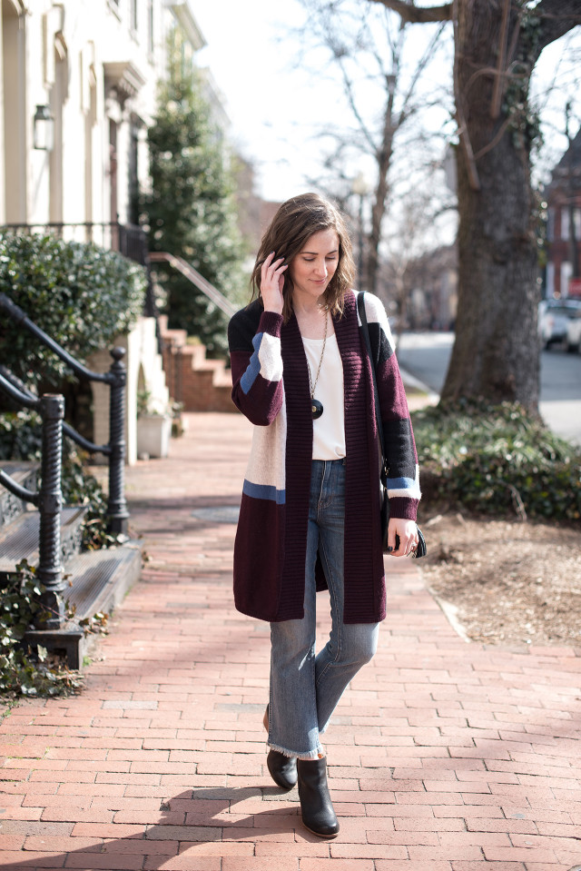 How to wear high-rise, frayed-hem cropped flare jeans without looking like a hippie on A Girl Named PJ