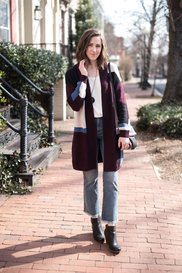 Tuck a sleeveless shirt into high-rise frayed-hem cropped flare jeans and top with an oversize cardigan sweater when 